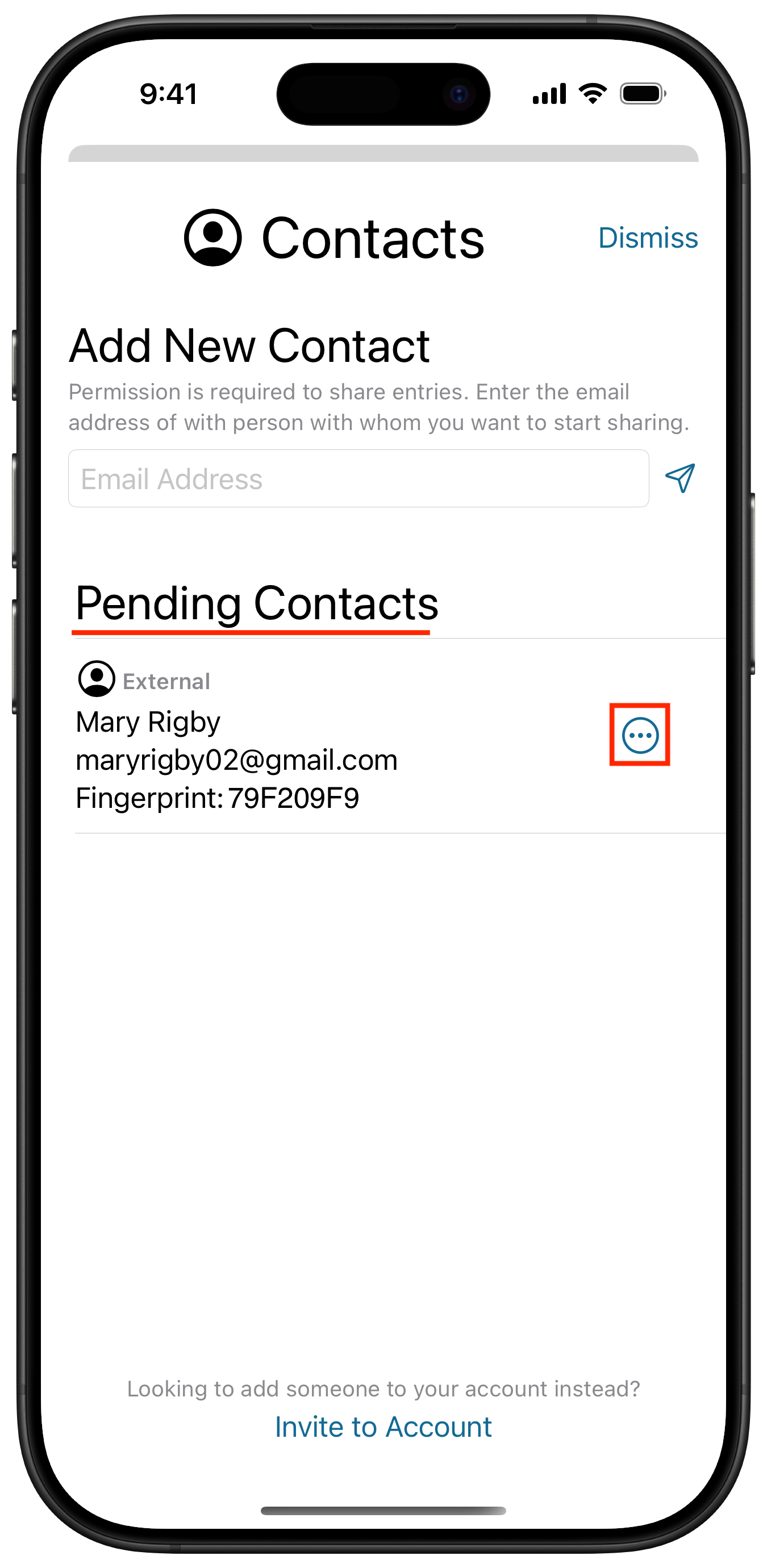 Sync Sharing Manage Contacts Screen - View Pending