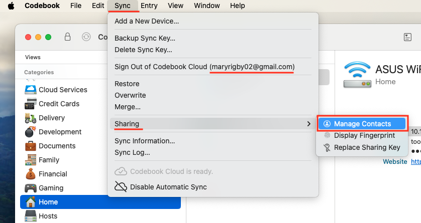 Navigation to Sync Sharing Manage Contacts Screen