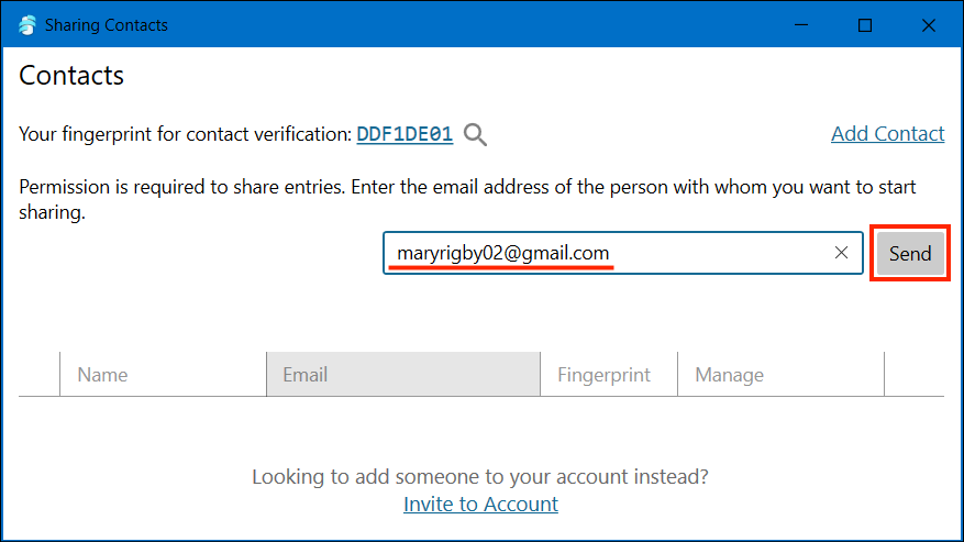 Contacts window showing email address entry field
