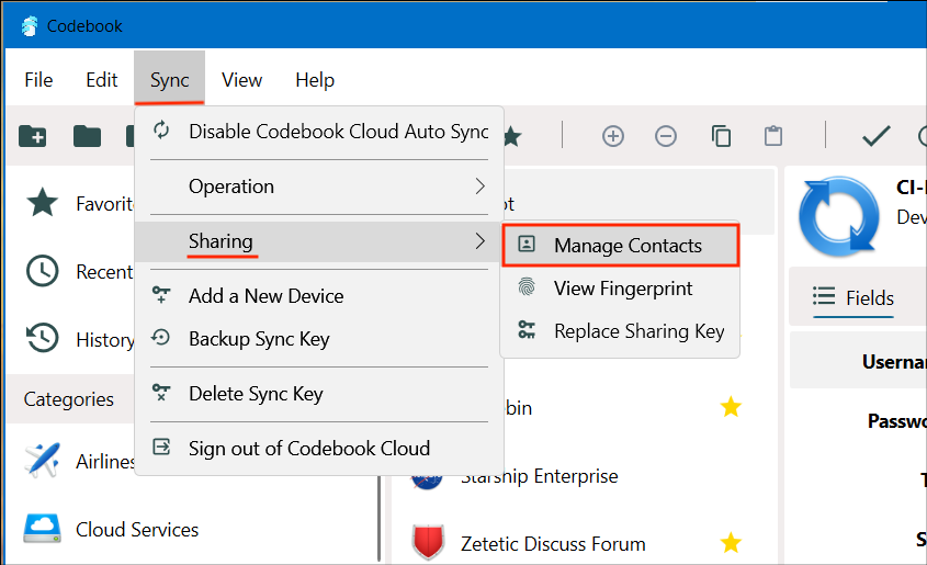 Sync Sharing Manage Contacts Screen