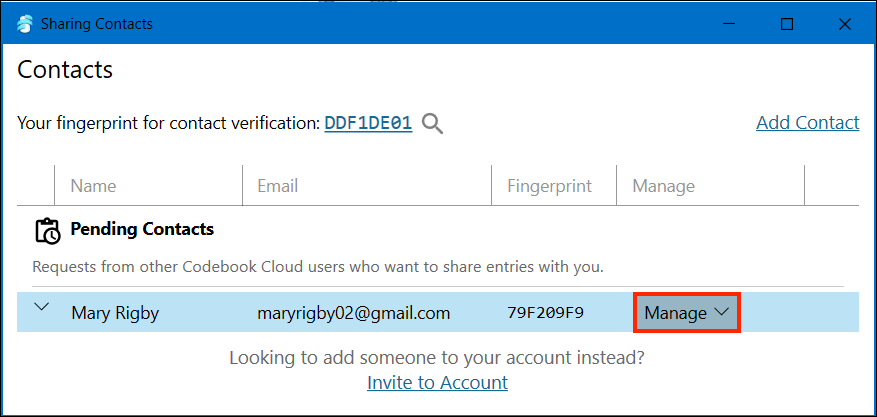 Sync Sharing Manage Contacts Screen - View Pending