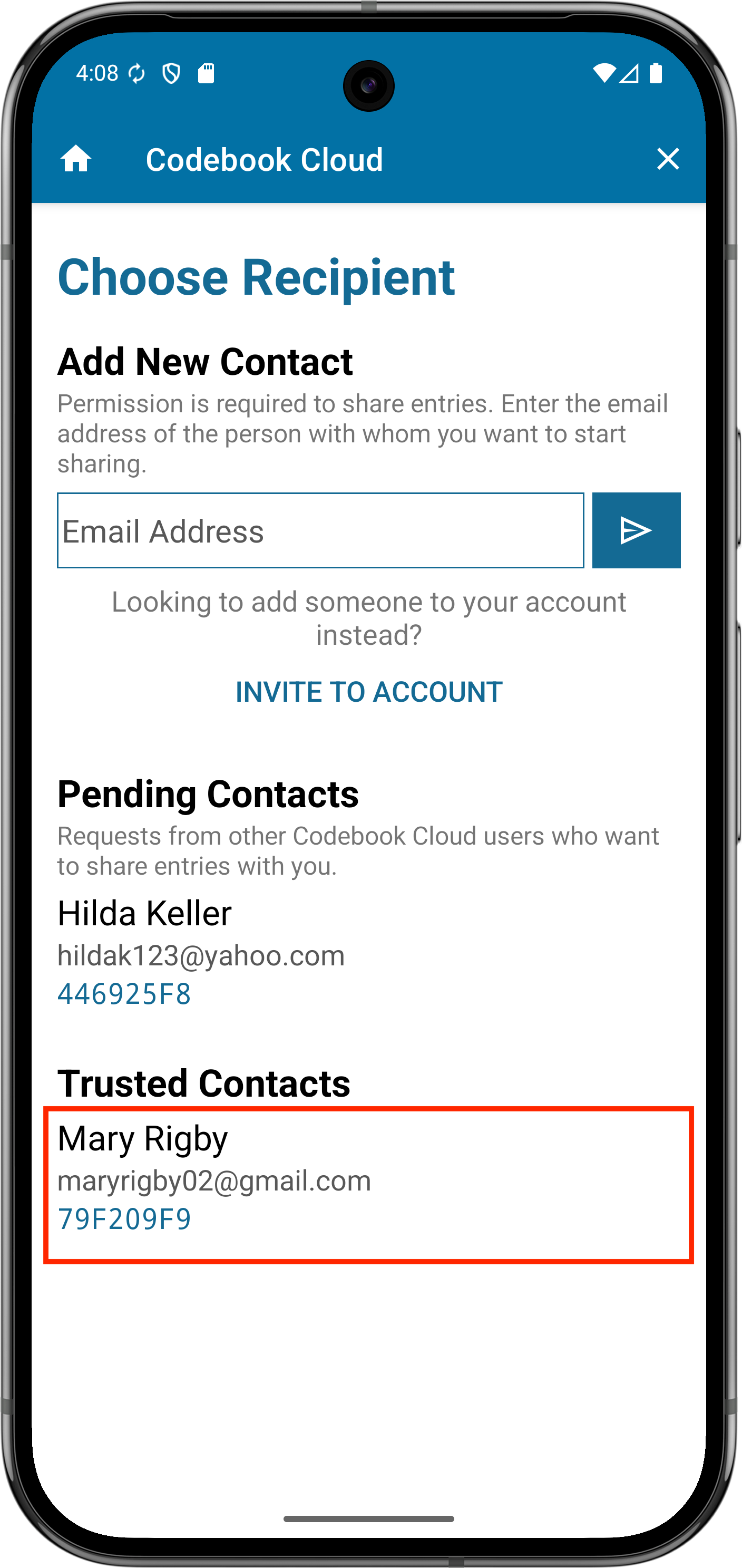 Select Trusted Contact to receive your entry