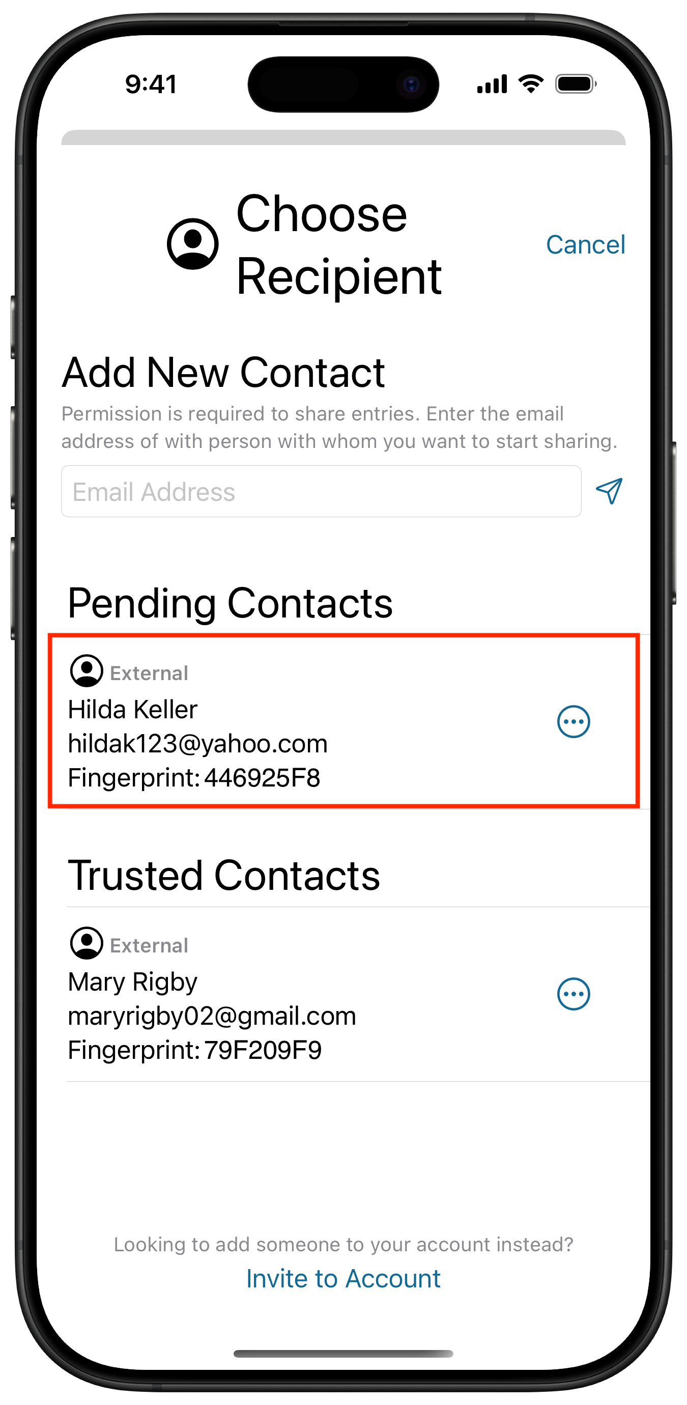 Select Pending Contact to receive your entry