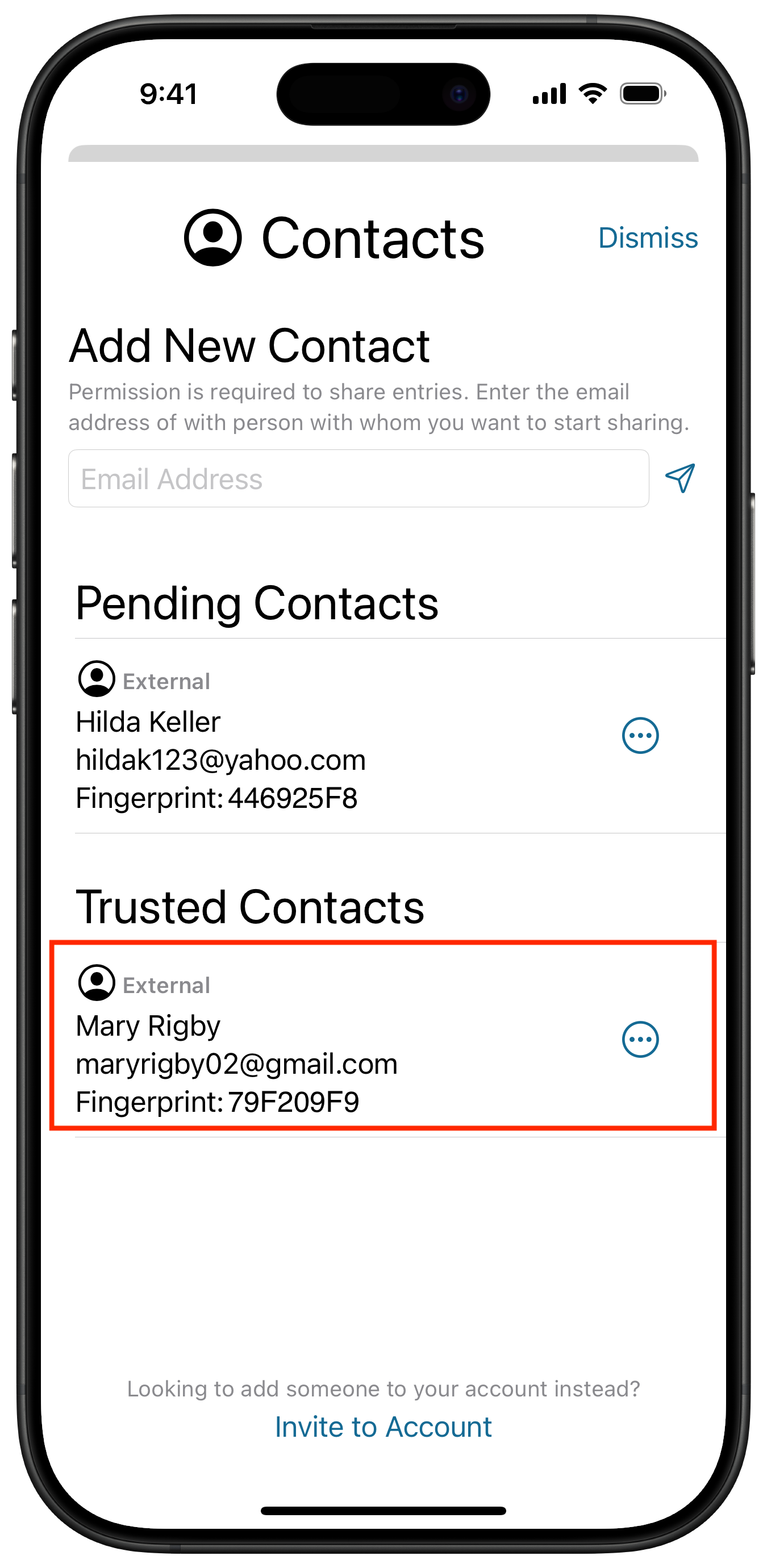 Select Trusted Contact to receive your entry