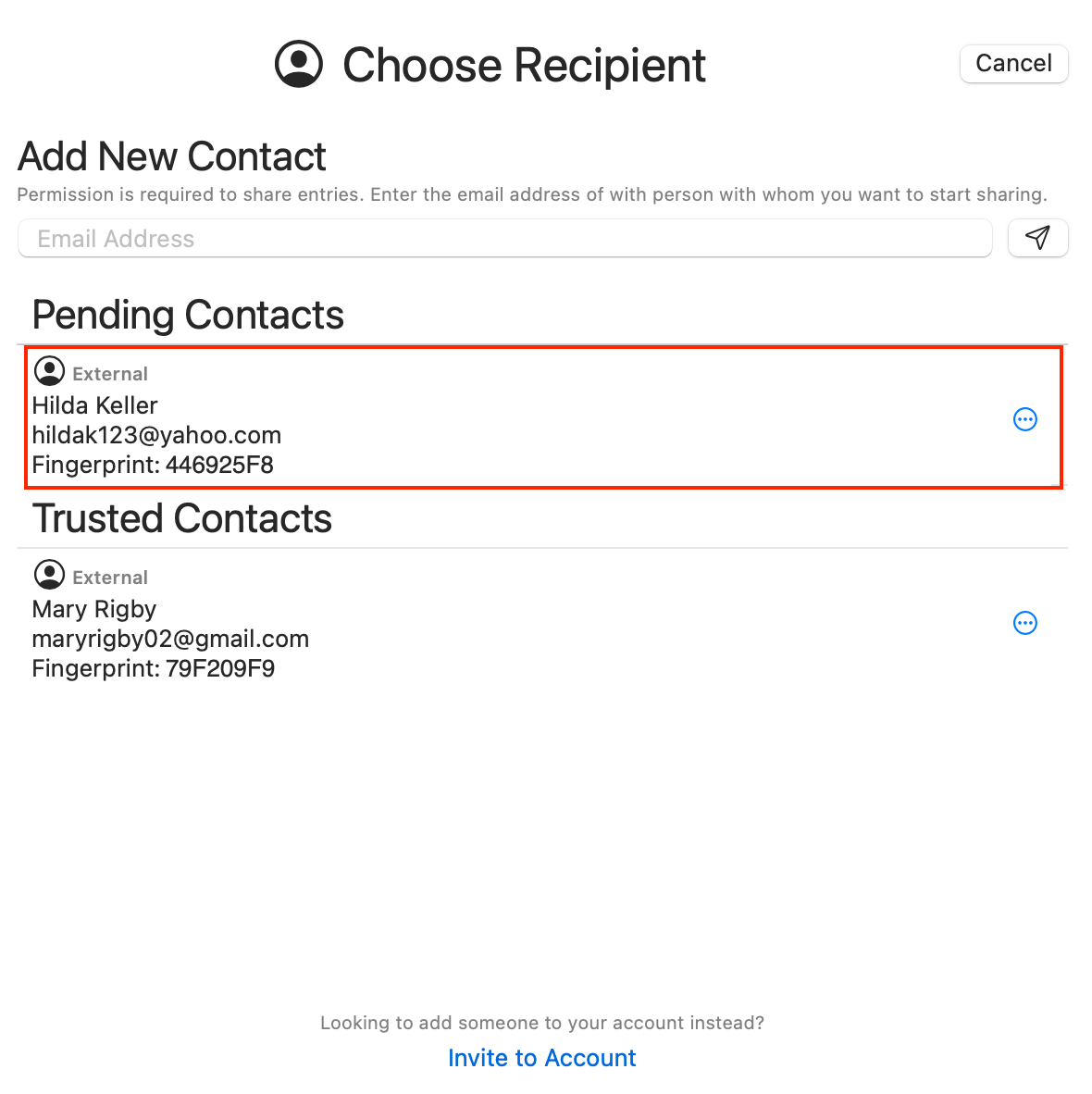 Select Pending Contact to receive your entry