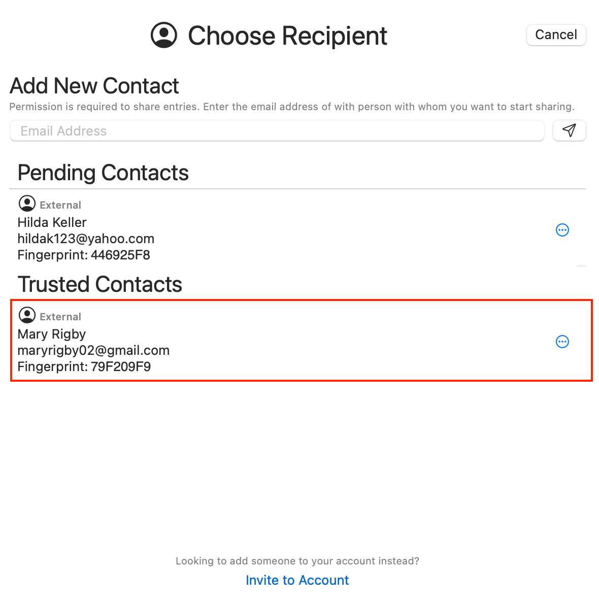 Select Trusted Contact to receive your entry