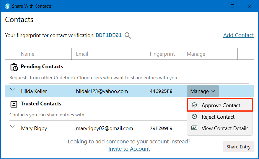 Confirm Trusted Contact to share your entry