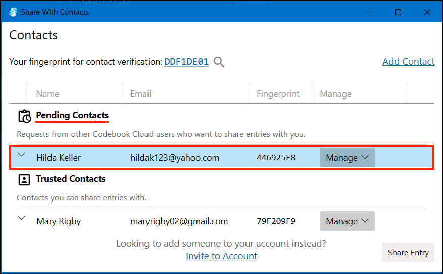 Select Pending Contact to receive your entry