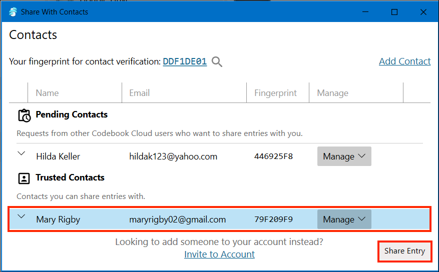 Select Trusted Contact to receive your entry