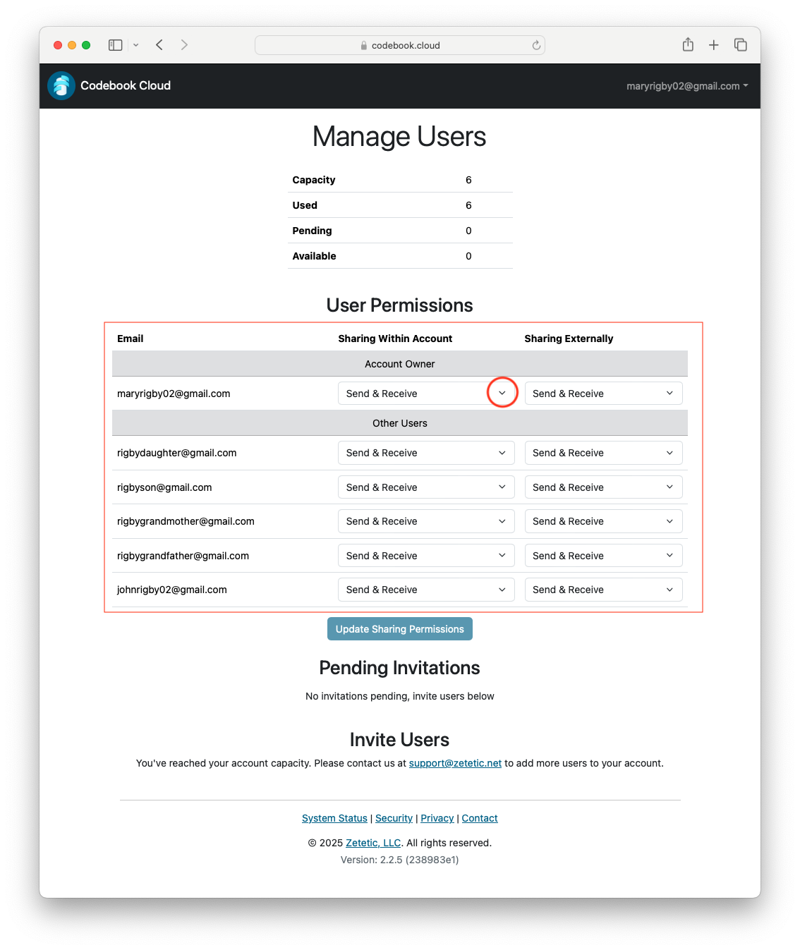 Codebook Cloud Manage Users - User Sharing Permissions