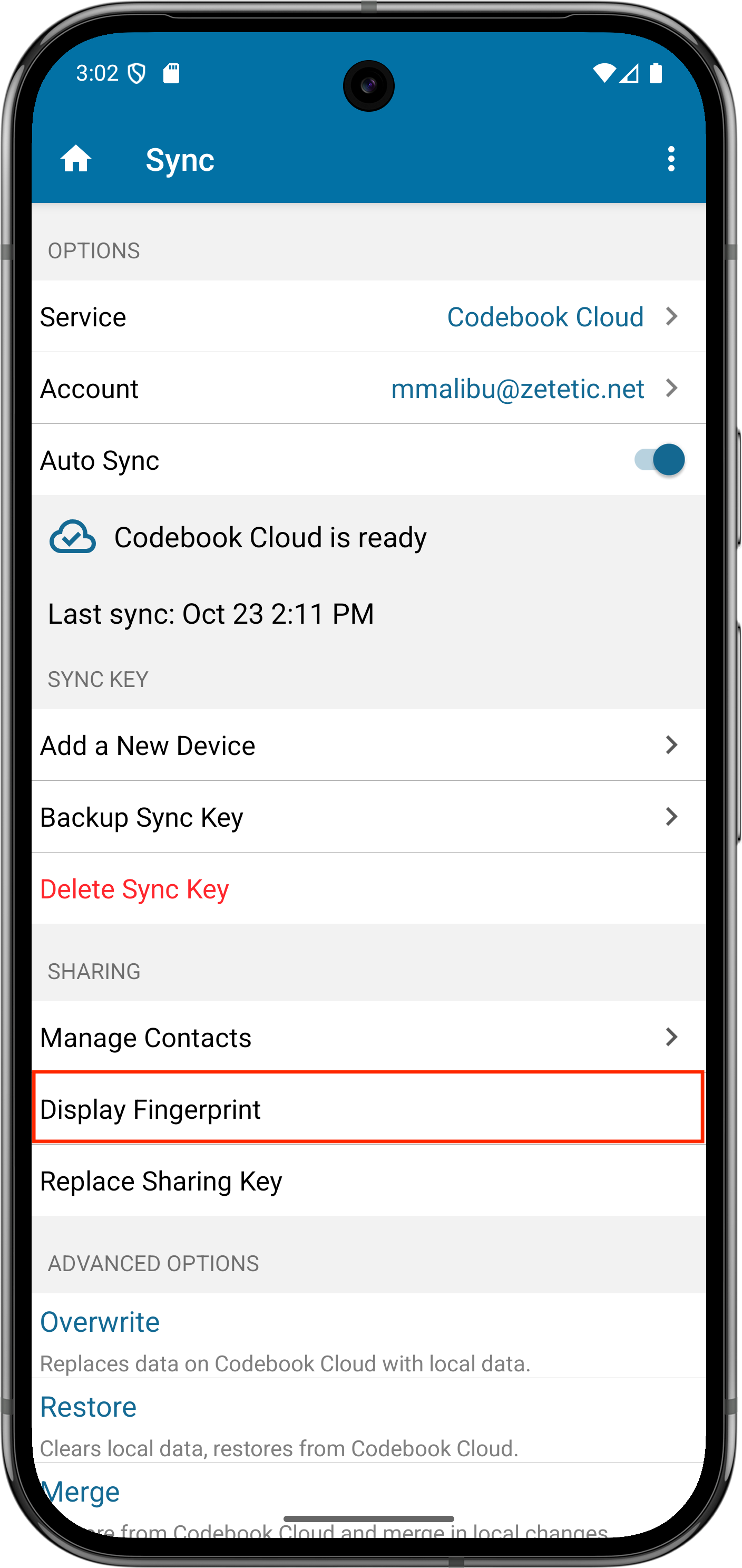 Sync Sharing Menu - Display Fingerprint option
