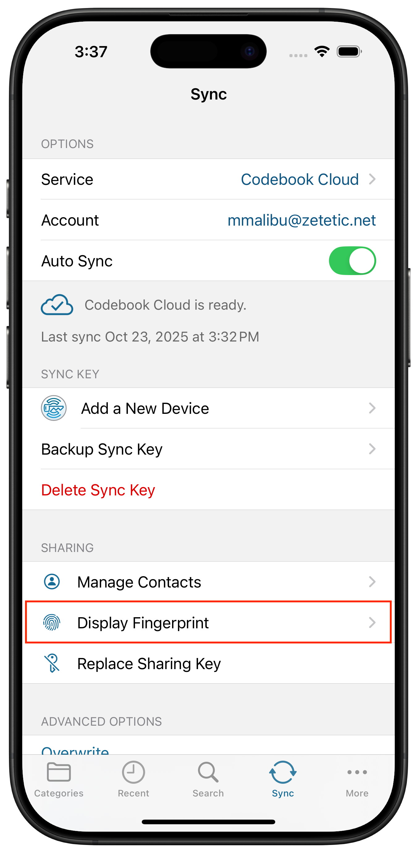 Sync Sharing Menu - Display Fingerprint option