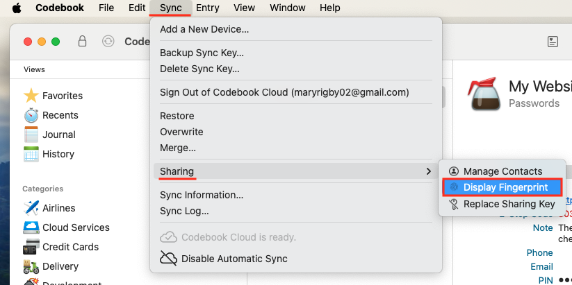 Sync Sharing Menu - Display Fingerprint option