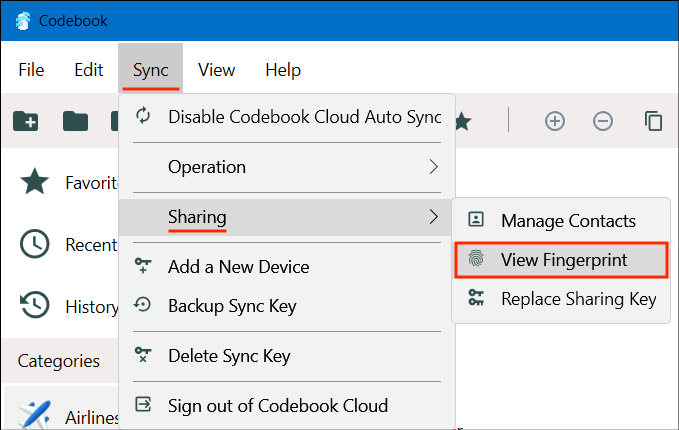 Sync Sharing Menu - Display Fingerprint option
