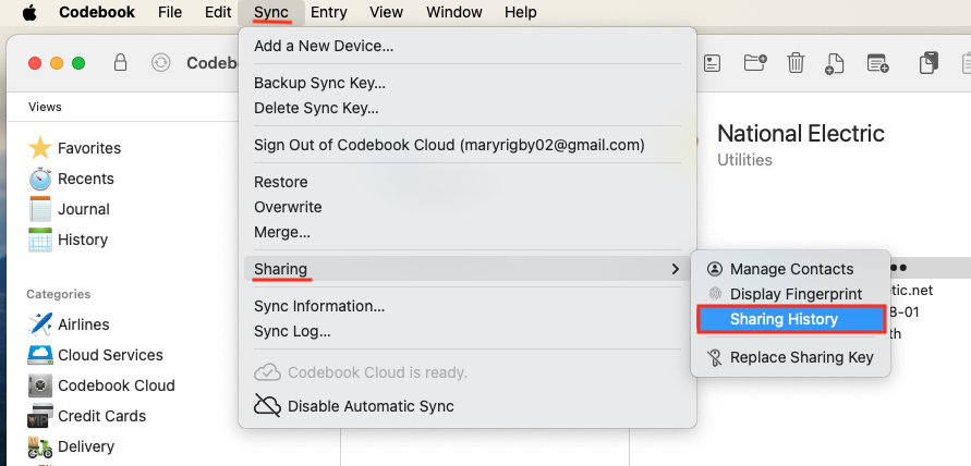 Sync Sharing Menu - Sharing History option