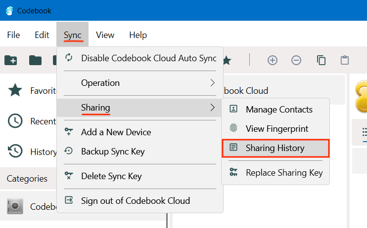 Sync Sharing Menu - Sharing History option