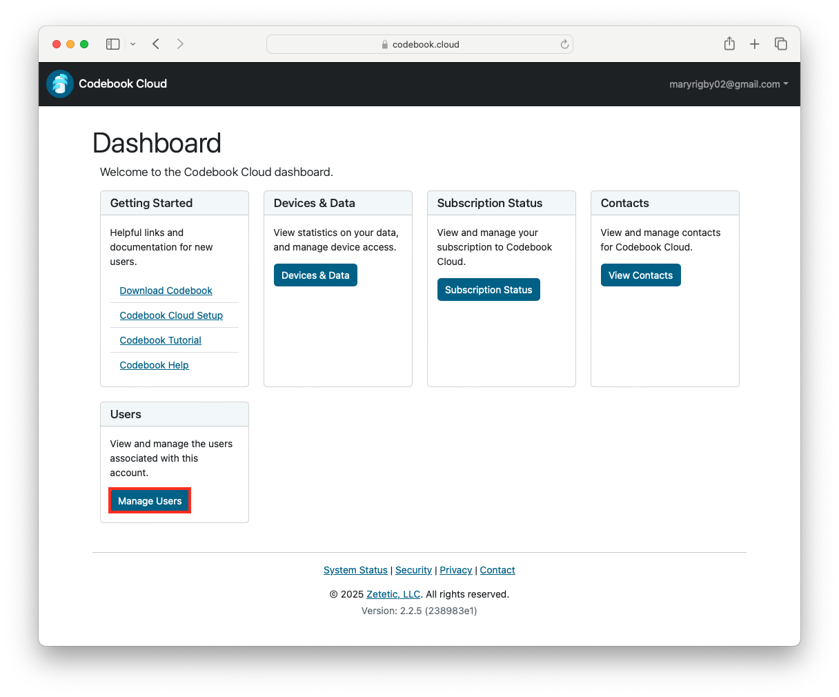 Codebook Cloud Dashboard - Manage Users
