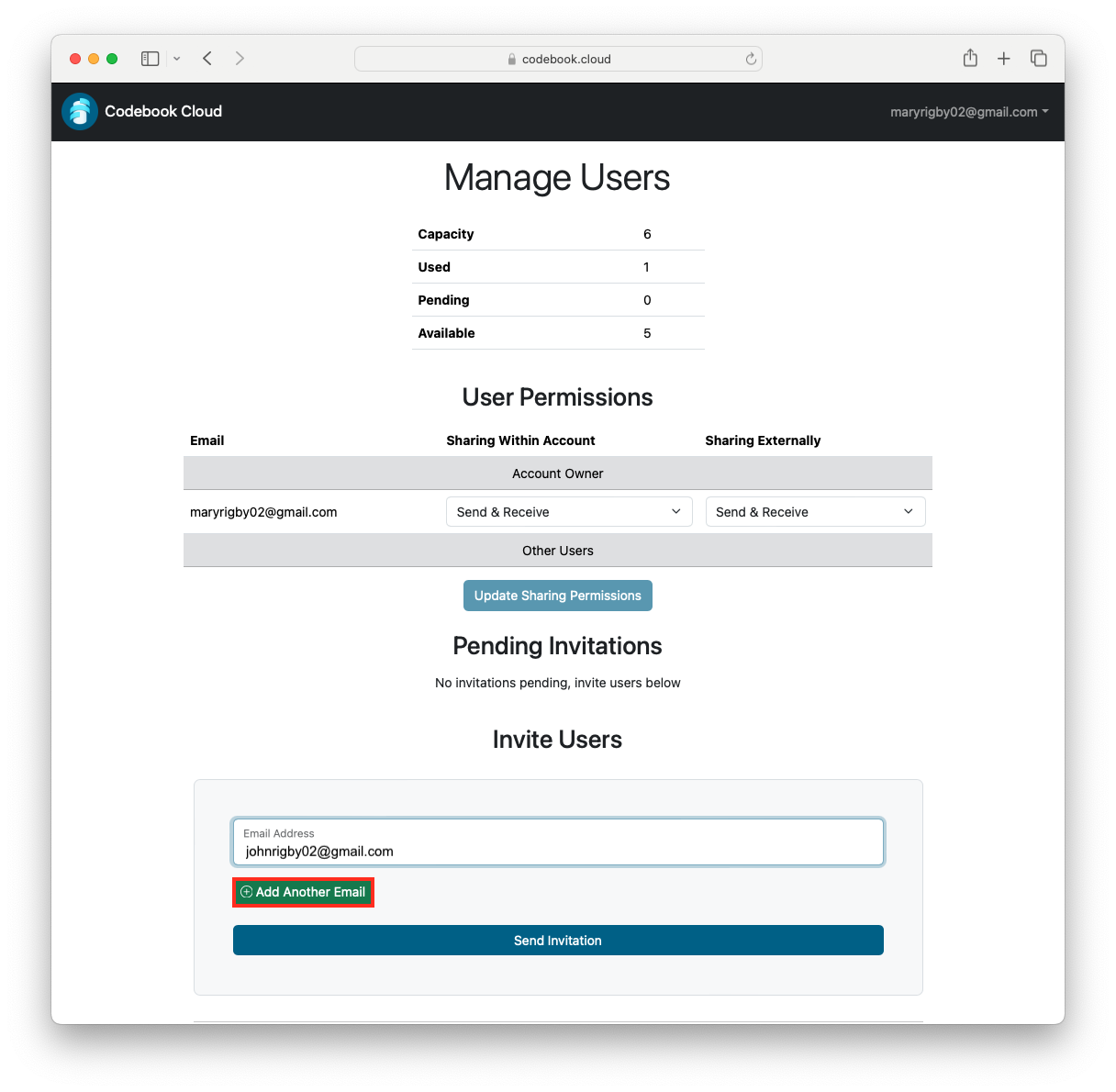 Manage Codebook Cloud Acccount Account Users - Invite a Single Users