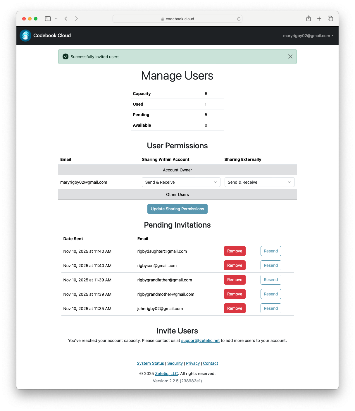 Manage Codebook Cloud Acccount Account Users - Pending Invitations