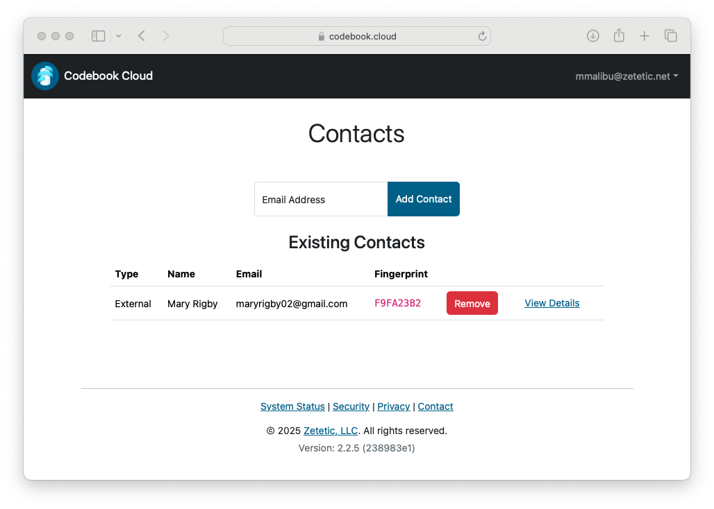 Codebook Cloud Dashboard - View Contacts