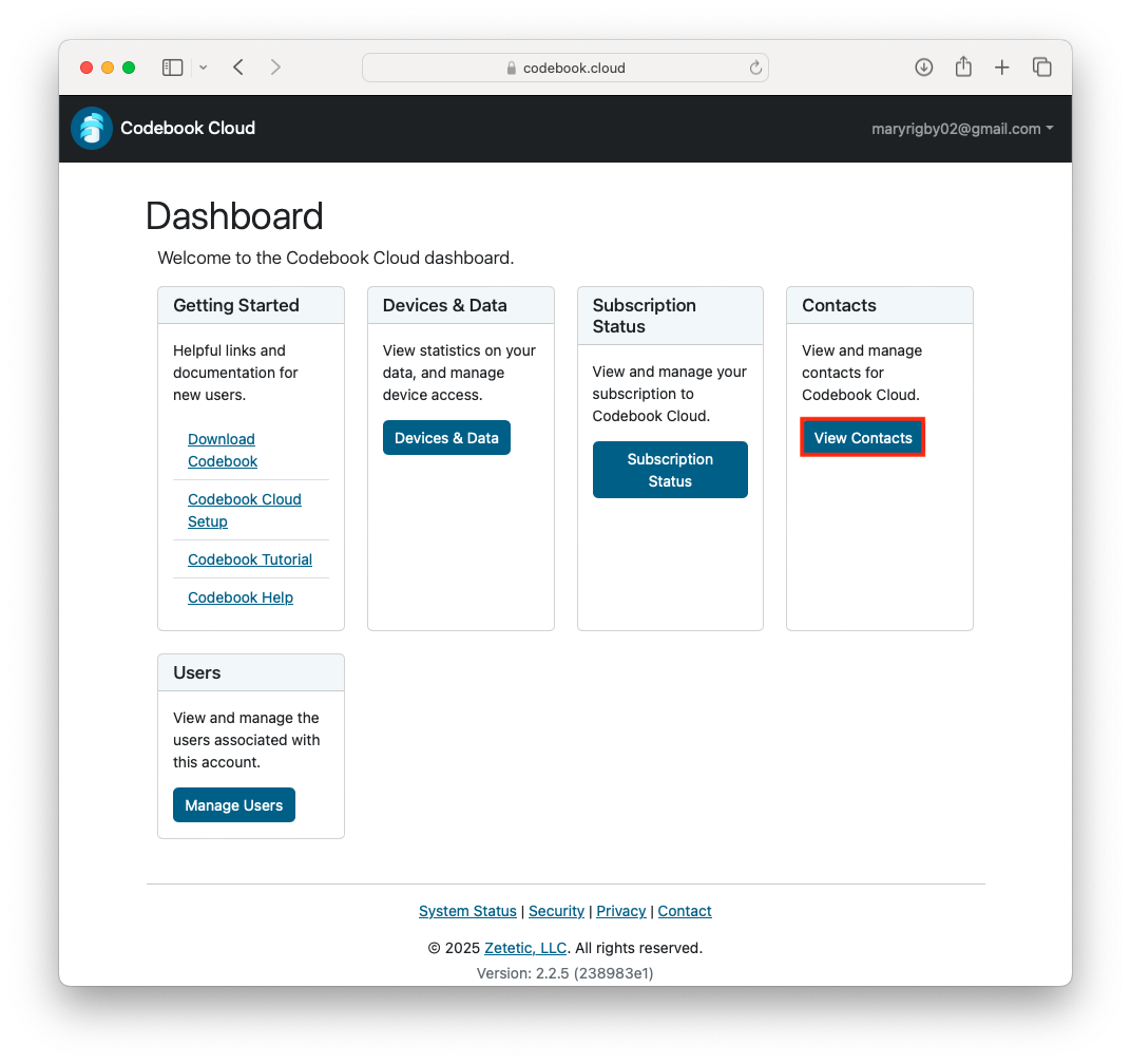 Codebook Cloud Dashboard - View Contacts