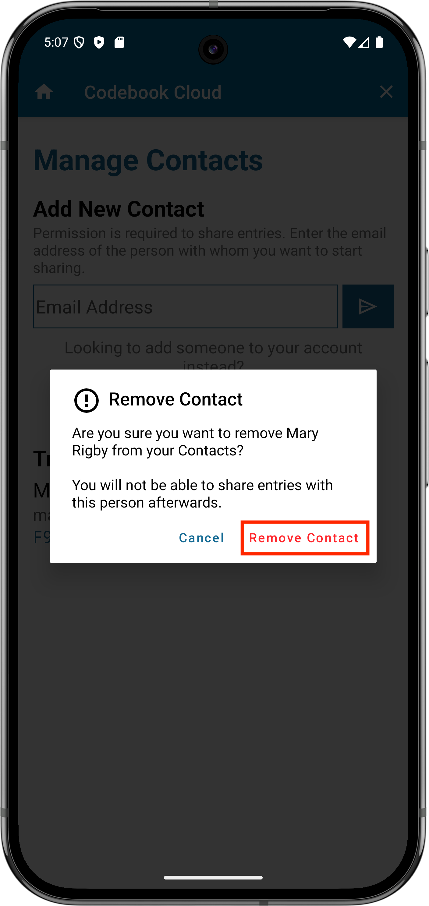 Sync Sharing - Manage Contacts - Confirm Remove Contact