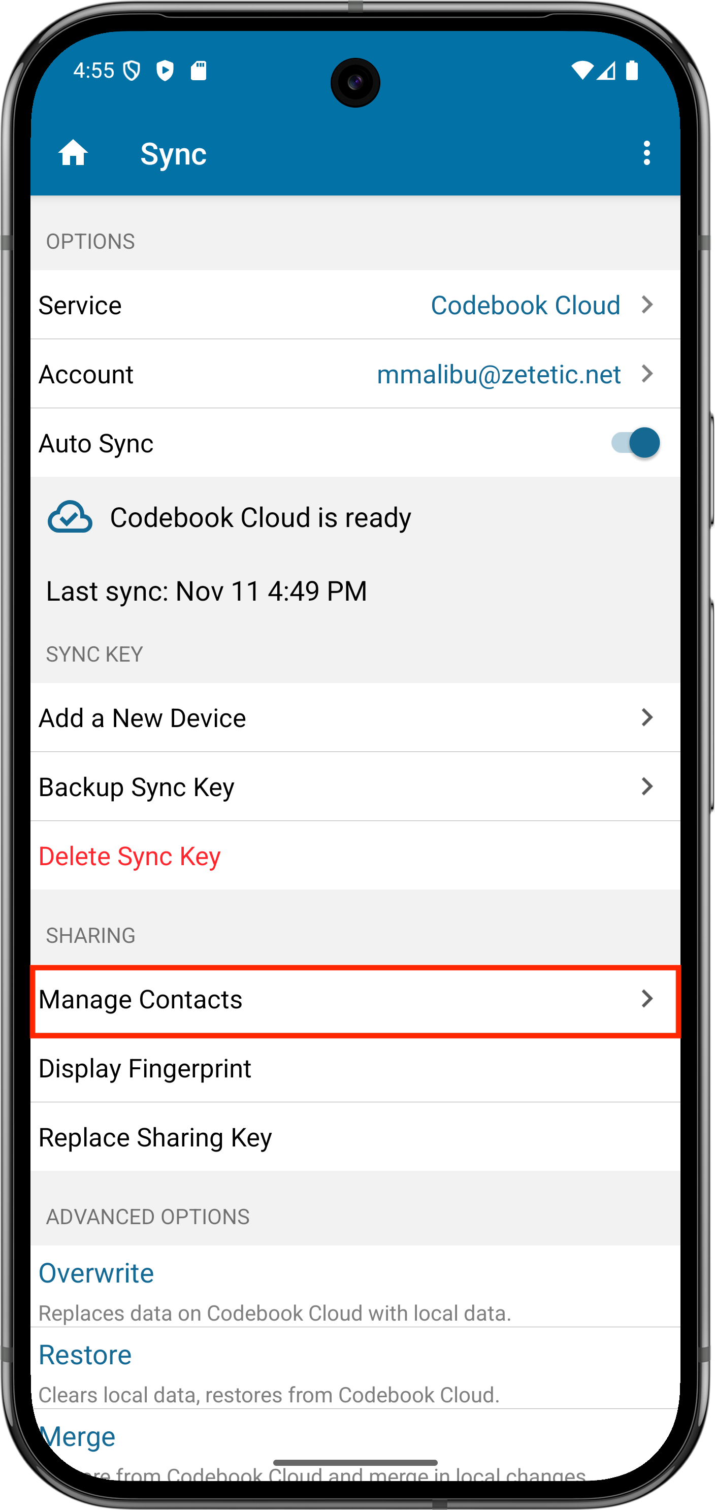 Sync Sharing Menu - Manage Contacts option