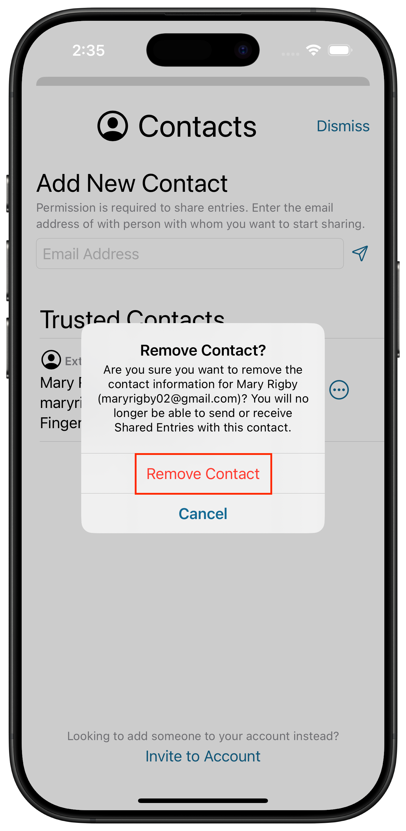 Sync Sharing - Manage Contacts - Confirm Remove Contact