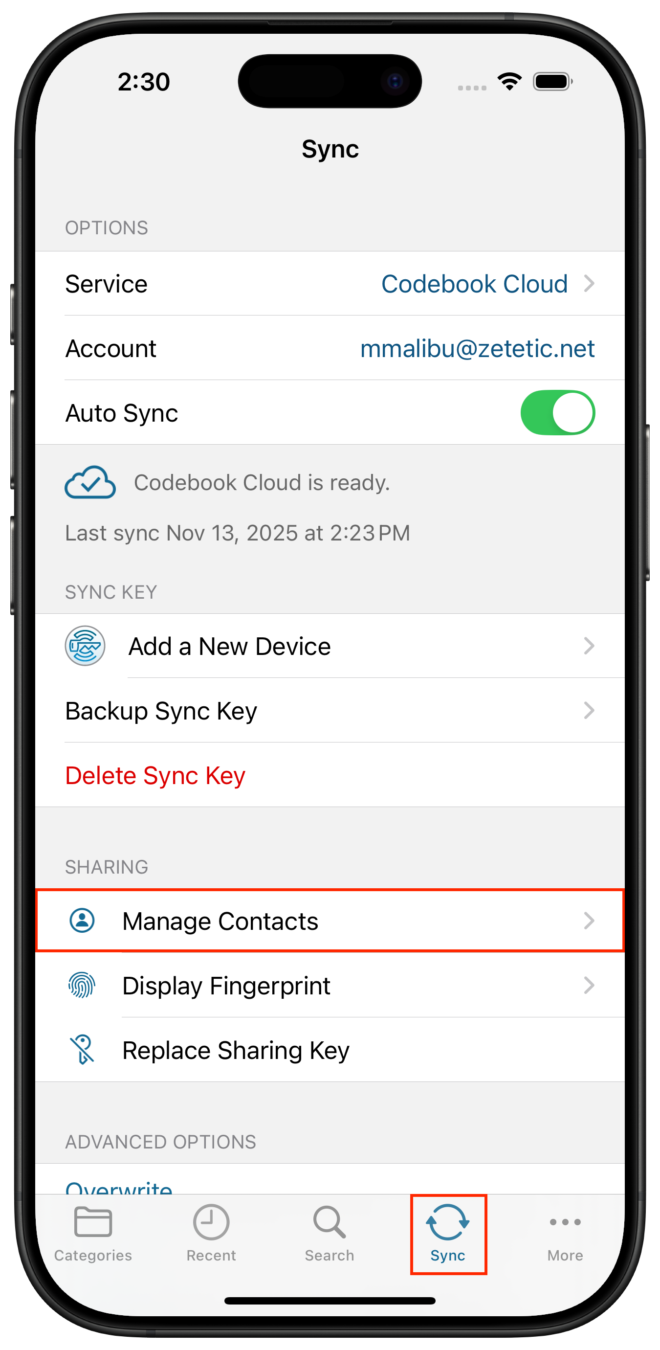 Navigation to Sync Sharing Manage Contacts Screen