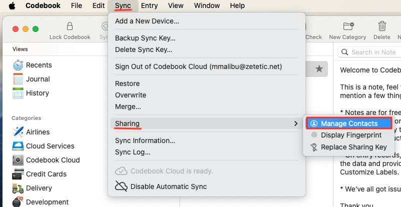 Navigation to Sync Sharing Manage Contacts Screen