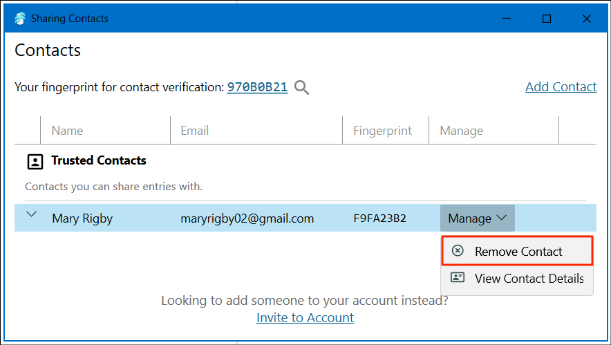 Sync Sharing - Manage Contacts - Remove Contact Option