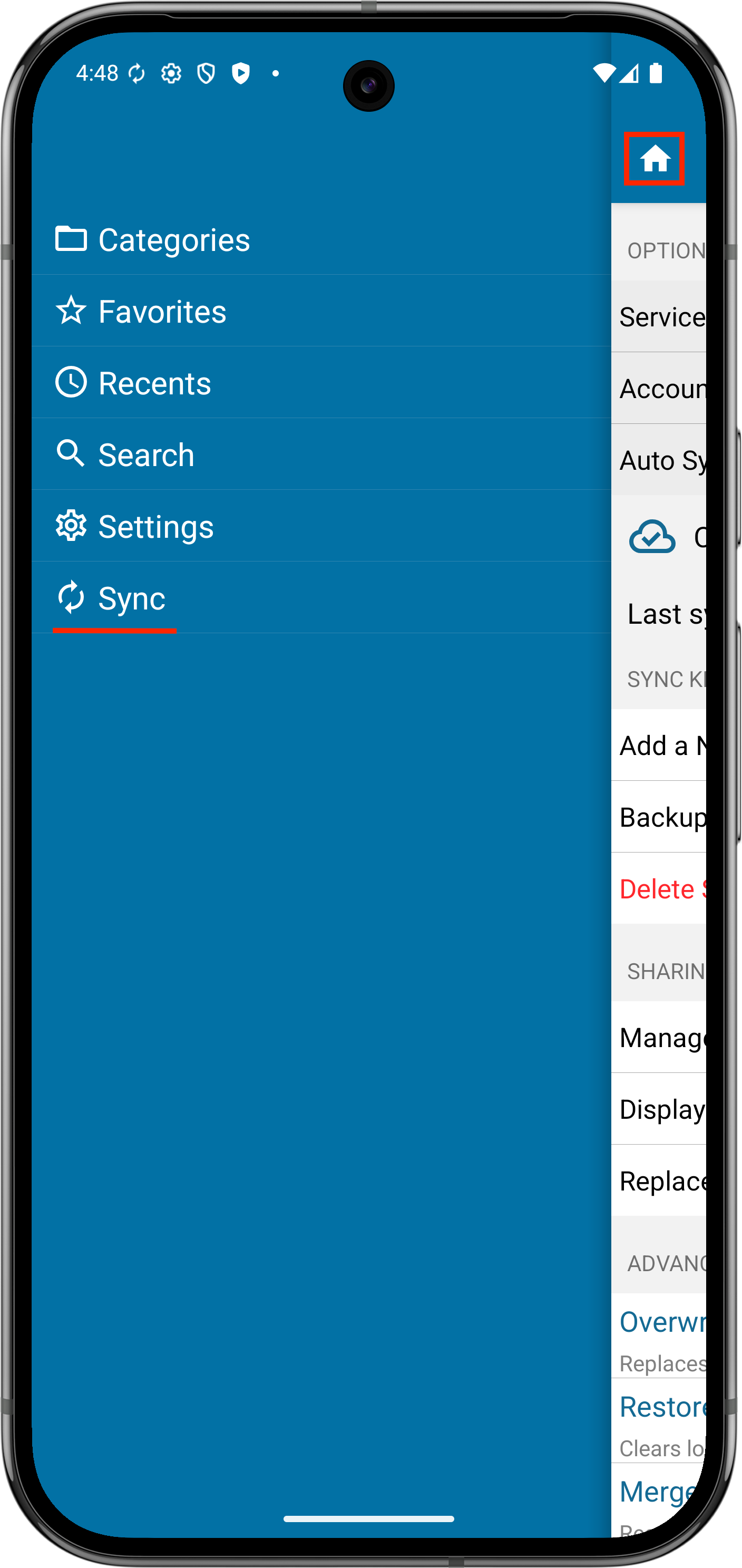Sync Sharing Menu - Home menu to display sync option