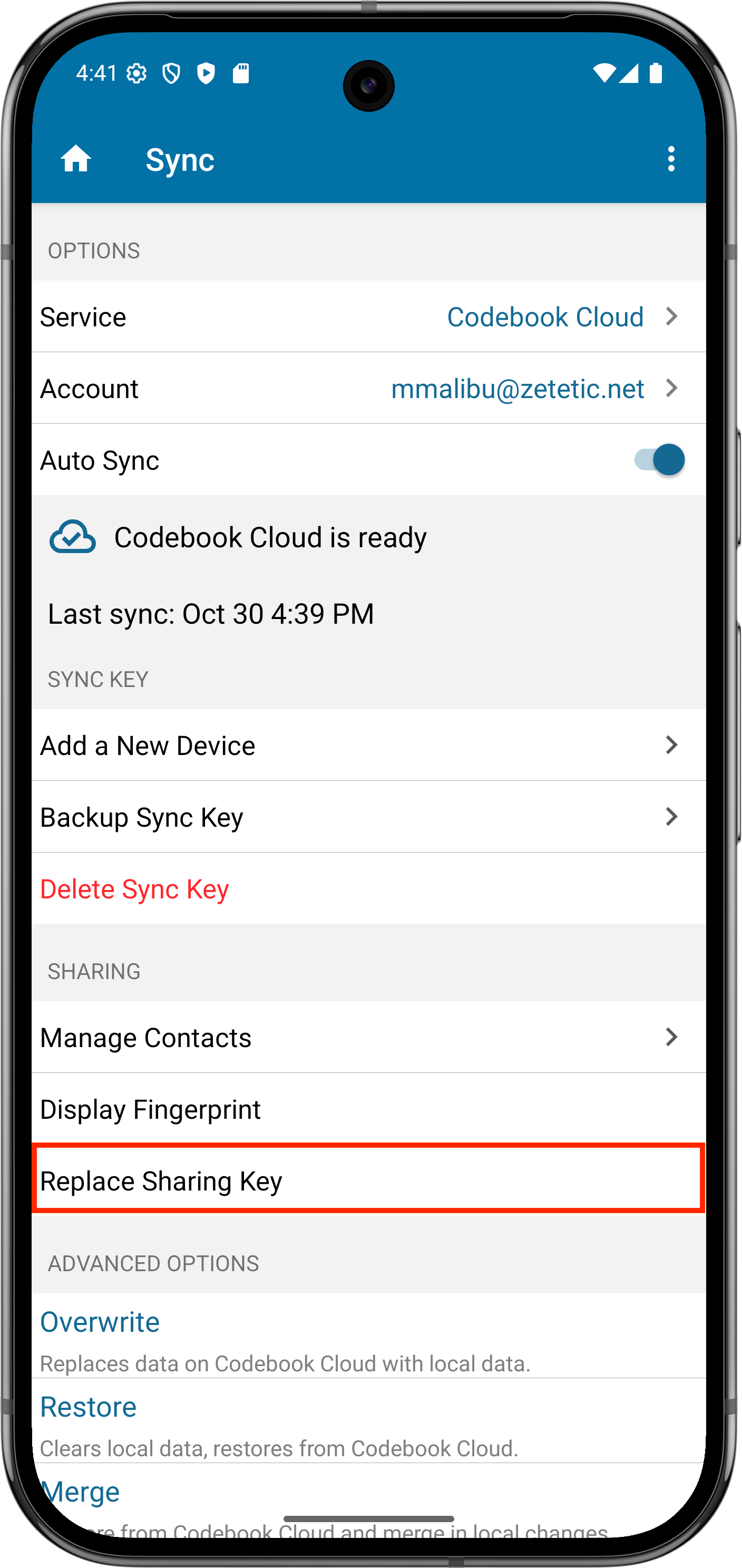Sync Sharing Menu - Replace Sharing Key option
