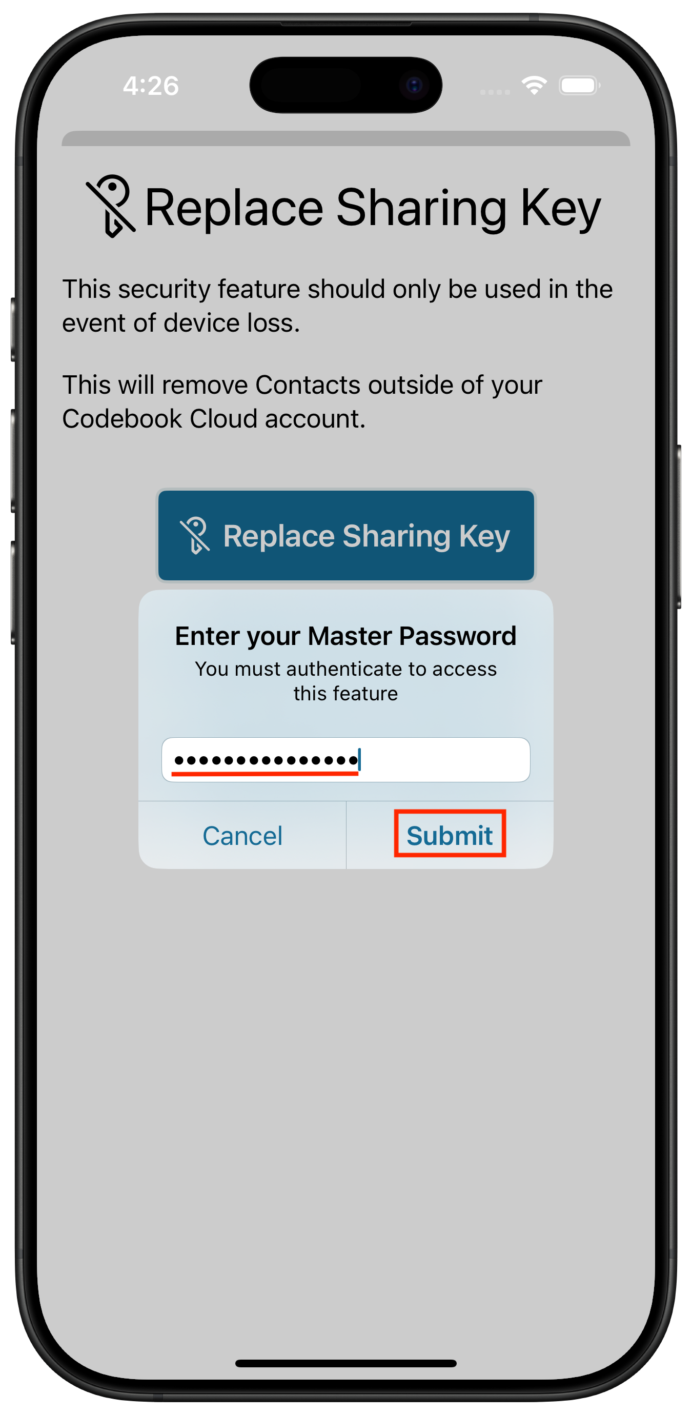  Authenticate to allow Replace Sharing Key