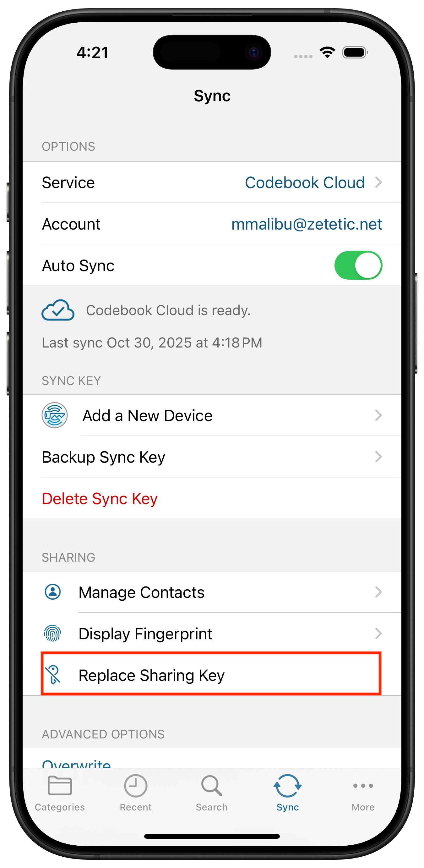 Sync Sharing Menu - Replace Sharing Key option