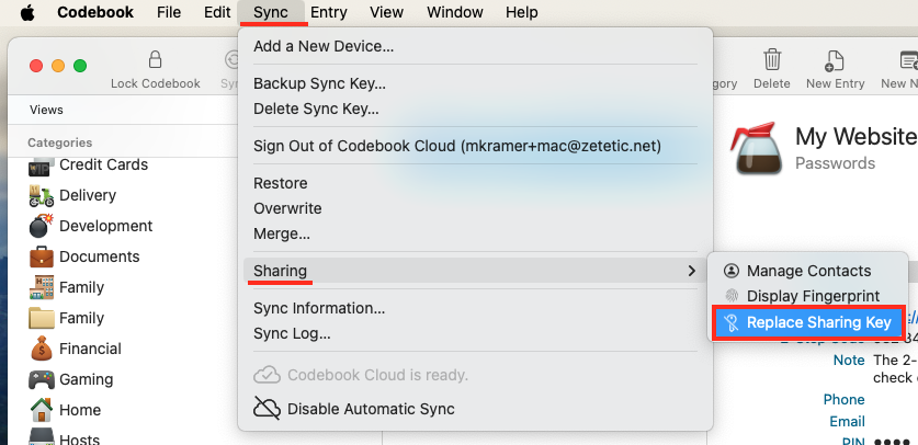 Sync Sharing Menu - Replace Sharing Key option