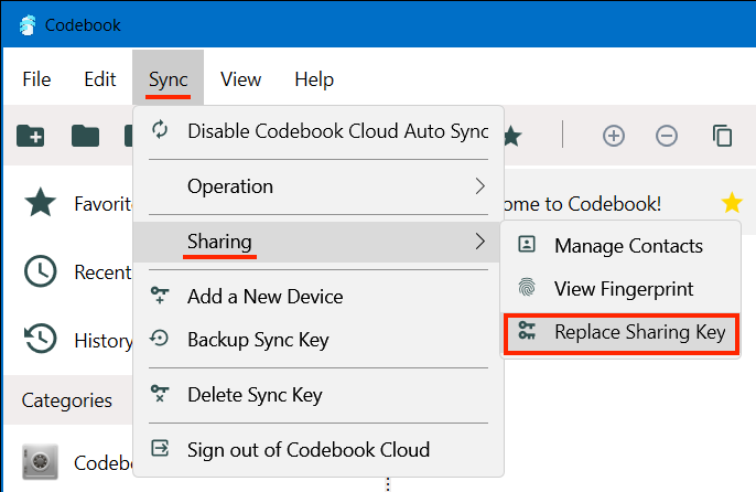 Sync Sharing Menu - Replace Sharing Key option
