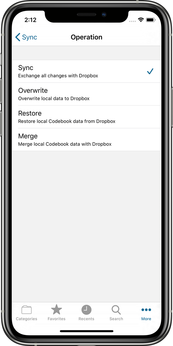Operations menu on iOS