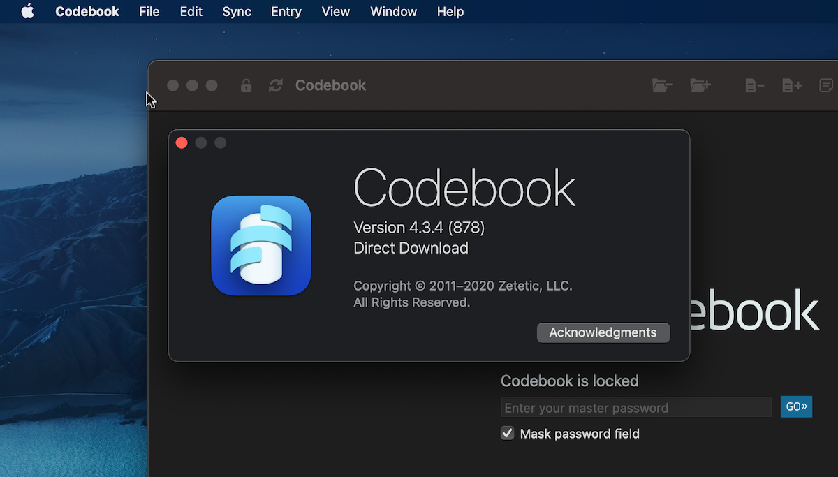 New About window in Codebook for macOS