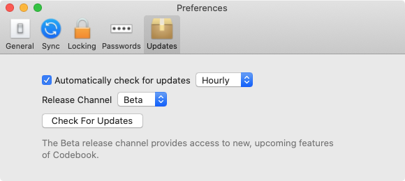 Codebook for macOS Preferences window showing the Updates tab