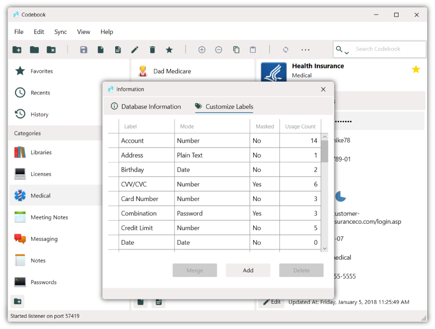 Codebook for Windows Customize Labels view