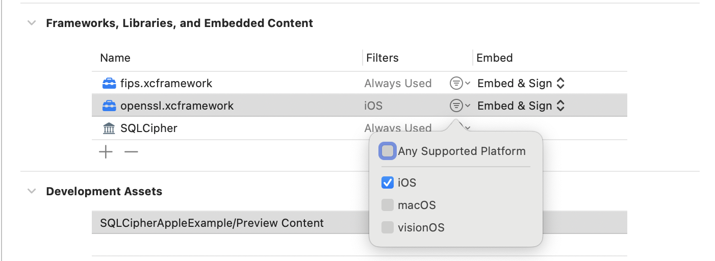 Filter openssl.xcframework for iOS only