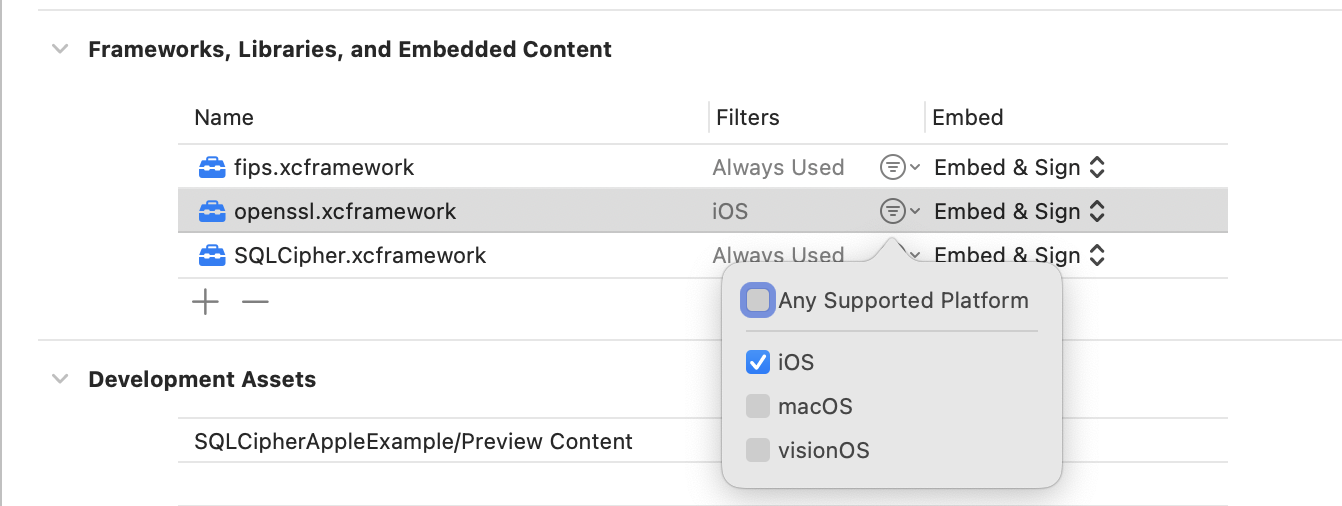Filter openssl.xcframework for iOS only