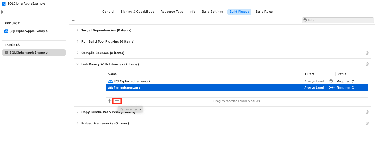 Remove fips.xcframework from Link Binary With Libraries