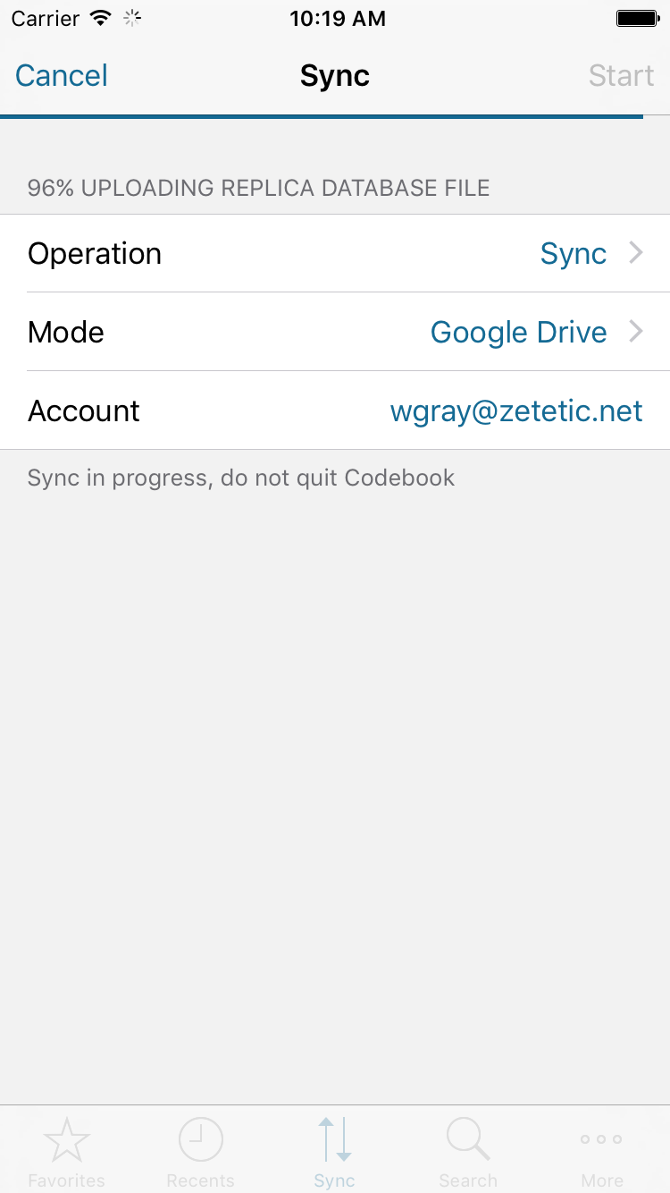 Codebook for iPhone with sync in progress